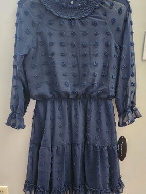 Girls' Size 16 Navy Pom-Pom Tiered 3/4 Sleeve Casual Dress